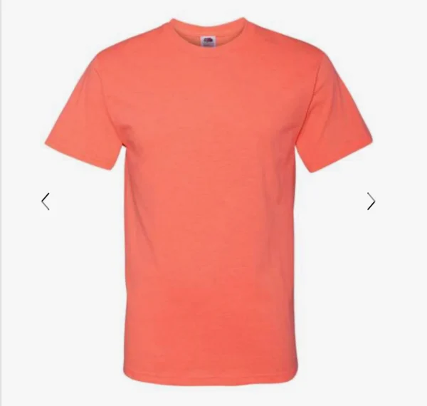 A coral colored t-shirt is shown on a white background.